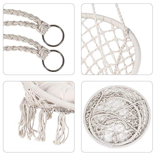 Display4top Beige Hammock Chair Macrame Swing,Hanging Cotton Rope Swing Chair,Comfortable Sturdy Hanging Chairs, With Round Seat Cushion for Indo