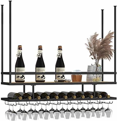EMISOO Ceiling Mount Shelf Hanging Wine Rack with Glass Holder and Shelf, Adjustable Height Metal Ceiling Bar Wine Glass Rack, 2 Layer Industrial