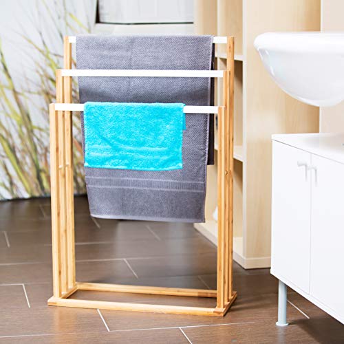 Relaxdays Bamboo Stand Size: Approx 82 x 54 x 24 cm Ascending Holder w/ 3 Rails as Elegant Bathroom Accessory Freestanding Rack for Bath and Hand