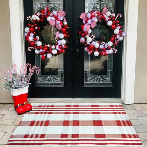 Orange and Black Plaid Rug, 35.4''x59'' Fall Outdoor Front Door Decorative Mat, Hand-Woven Rug for Layered Door Mats Washable Carpet for Porch, E