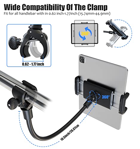 Charchendo Tablet Holder for Spin Bike, Universal Handlebar Phone Mount with Gooseneck for Stationary Exercise Bike, Elliptical, Compatible with