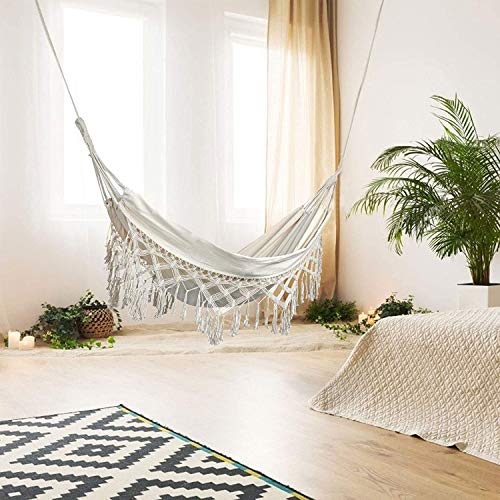 Outdoor Garden Hammock Double Hammock 2 Person Large Brazilian Hammocks Cotton Indoor Hammock for Bedroom Patio Porch Backyard w/Handwoven Macram
