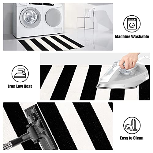 LEEVAN Outdoor Rug 5x7 Black and White Patio Rug, Washable Striped Door Mat Farmhouse Black Front Door Mat, Cotton Reversible Balcony Decor, Dura