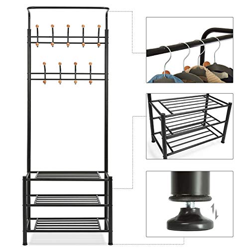 Meerveil Coat and Shoe Rack, Coat Stand, Rack with Shoe Storage, Clothes Rack with 18 Hooks Metal Frame, Entrance Furniture Shelf with Bench, Liv