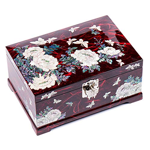 Mother of Pearl Crane Bird and Pine Tree Design Purple Wooden Jewellery Drawer Mirror Trinket Keepsake Treasure Gift Asian Lacquer Box Case Chest