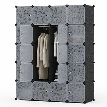 Mondeer Portable Wardrobe, Storage Organiser Unit with 3 Hanging Rails, 35x45cm Stackable 20 Cubes with Door, for Bedroom Clothes Shoes Toys, Bla