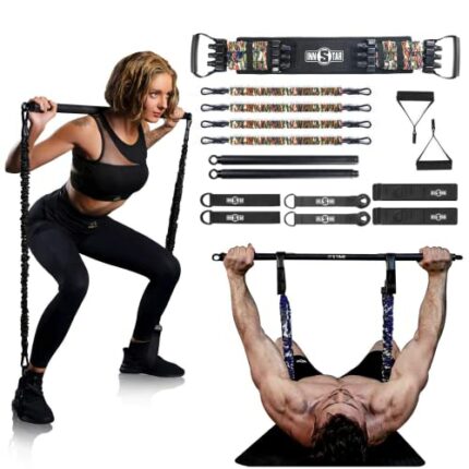 INNSTAR Portable Home Gym Set with Workout Bar, Bench Press Set, Squat Resistance Band, Door Anchor and More-Full Body Workout Equipment to Build
