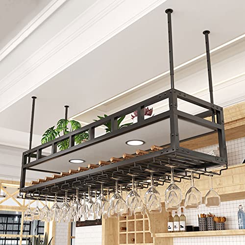 Hanging Wine Rack with 2Lights, Ceiling Mounted Wine Rack Adjustable Industrial Hanging Wine Bottle Holder, Metal Iron Wine Shelf for Bar Dining