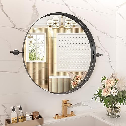 Black Pivot Round Mirror 30 Inch Circle Metal Framed Farmhouse Bathroom Mirror Tilting Beveled Vanity Mirrors for Wall