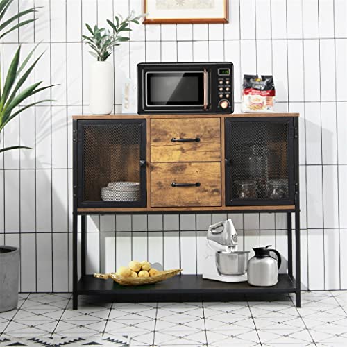 DSHGDJF Industrial Buffet Sideboard Kitchen Cabinet With Metal Mesh Doors And 2 Drawers