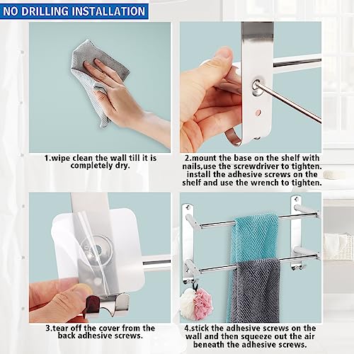Stainless Steel Towel Shelf, Towel Rail Wall Mounted 38-70cm, Self Adhesive Double Towel Rail, Bath Towel Rail Self Adhesive with 2 Hooks for Bat