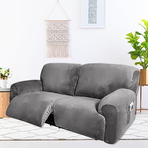 Fengshui 2 Seater Recliner Sofa Covers 6 Pcs Velvet Stretch Loveseat Couch Cover with Side Pocket, Soft Washable Reclining Chair Protector fit 75