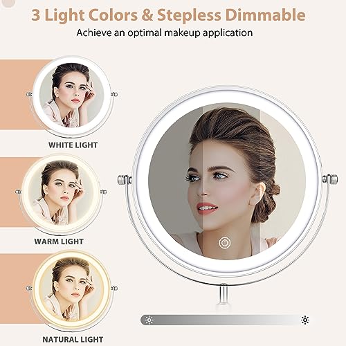 FFowcye Makeup Mirror with Lights and Magnification, 8" Adjustable Brightness & Height 1X/10X Magnifying Mirror LED 360° Rotation Touch Screen Va