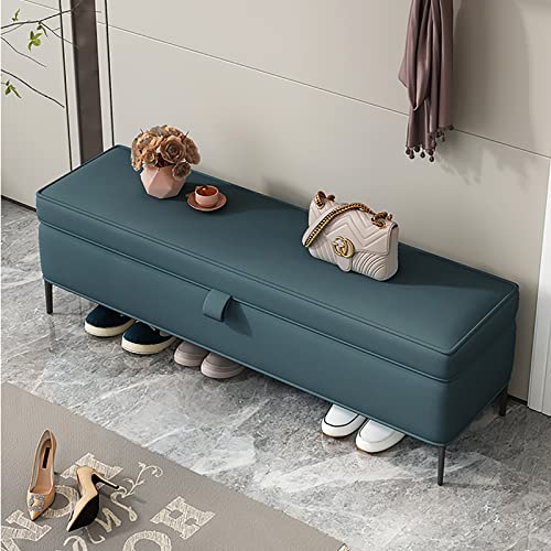 Storage Bench,Faux Leather Storage Bench,Premium End of Bed Bench with Storage,Modern Upholstered Bench Shoe Bench Bedroom Bench-Blue 100x40x45cm