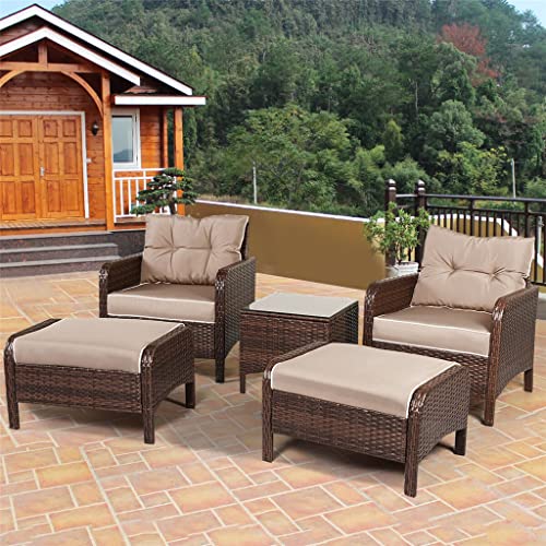 TJLSS 5 PCS Rattan Wicker Furniture Set Sofa Ottoman W/Brown Cushion Patio Garden Yard