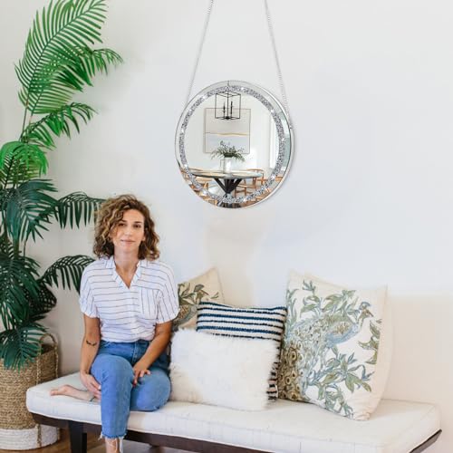 Mirrors for Wall Crystal Crush Diamond Silver Round Mirror for Wall Decor Frameless Mirror with Silver Stainless Steel Chain for Hallway Bathroom