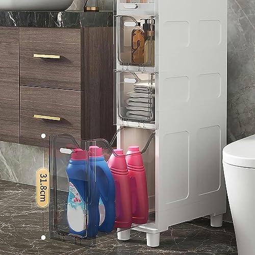 Narrow Bathroom Floor Cabinet, Slim Toilet Storage Cabinet Storage Tower with Clear Drawers and Casters, Sturdy Narrow Dresser Tower for Bathroom