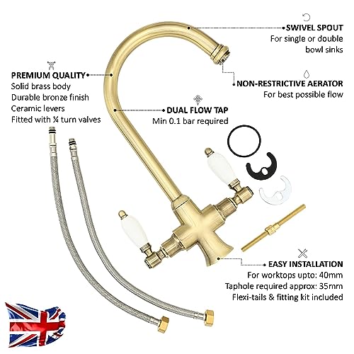 ENKI, Dorchester, KT059, Antique Oil Rubbed Bronze Dual Flow Kitchen Sink Mixer Tap for Basin, Twin White Levers Swivel Spout Perfect for Double