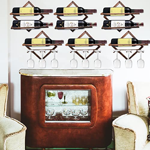 MERYSAN 2Pcs Metal Wall Mounted Wine Holder, Vintage Copper Hanging Wall Wine Rack Storage for 3 Liquor Bottles 3 Glass, Red Wine Bottle Display