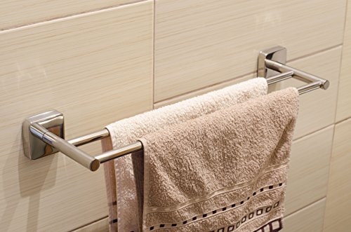 Kapitan Quattro Double Towel Bar Rail - 50 cm / 19.7 inches, Stainless Steel Square Style, Polished Finish AISI 304 18/10, Wall Mounted 3M Self A