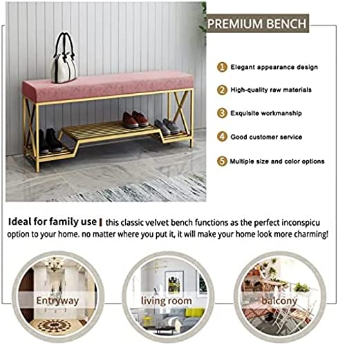 Luxurious Shoe Bench With Golden Shoe Shelf,Velvet Upholstered Shoe Rack Bench Shoe Organizer,Entryway Bench,Pink,100X35X45Cm(39X14X18Inch)
