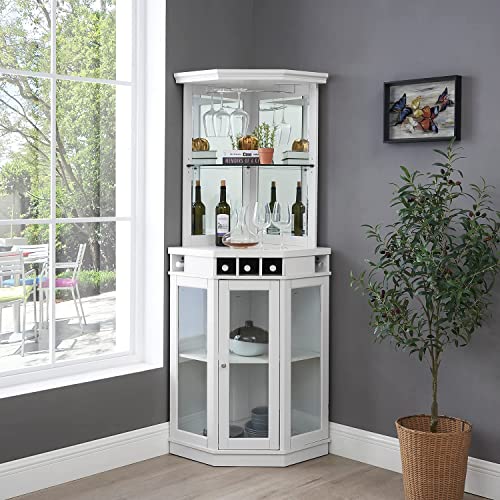 Home Source Dining Room or Lounge Corner Bar Cabinet for Liquor and Glasses with Wood Frame and Wine Rack