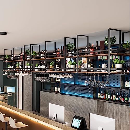 Hanging Wine Rack, Metal Ceiling Bar Wine Glass Rack with Glass Holder and Shelf 3-Layer Industrial Wall Mounted Wine and Glass Rack for Bars Res