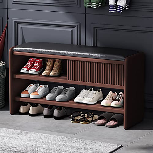 Modern Shoe Storage Bench,Wooden Entryway Bench with Leather Cushion,Upholstered Shoe Bench Shoe Cabinet Hallway Shoe Organizer Furniture-Brown-W