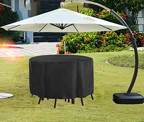 Fenghome Garden Furniture Cover, Waterproof Round Garden Table Cover for Outdoor Furniture Set Windproof Patio Table & Chair Set Cover with Draws
