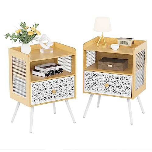 Iirios Nightstands Set of 2, End Table with Open Shelf, 2-Tier Night Stand with Adjustable Metal Floral Drawer, Night Stand for Bedroom Sofa Side