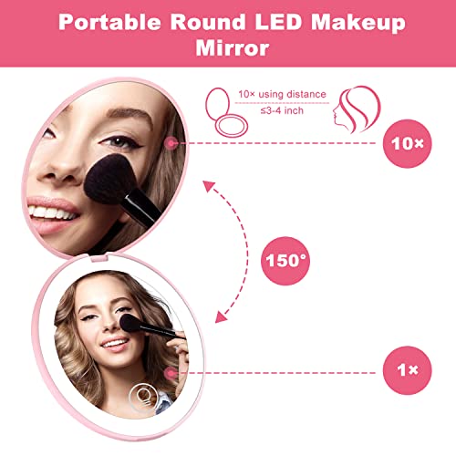 Sweetone Compact Mirror, LED Lighted Travel Makeup Mirror, 1X/10X Magnifying with Light, Small Pocket Mirror with 3 Colour Modes & Adjustable Bri