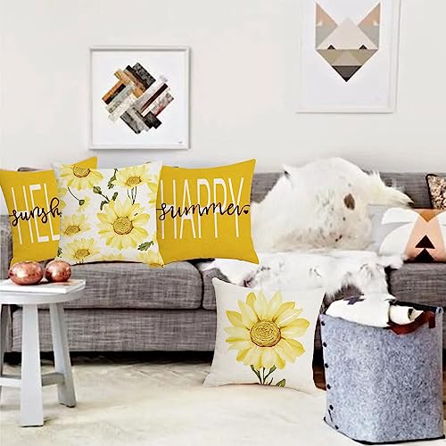 Cushion Covers 45 x 45cm, Yellow Sunflower Cushion Covers Included Sets 4, Outdoor Cushion Covers, Linen Throw Pillow Cover for Garden Sofa Chair