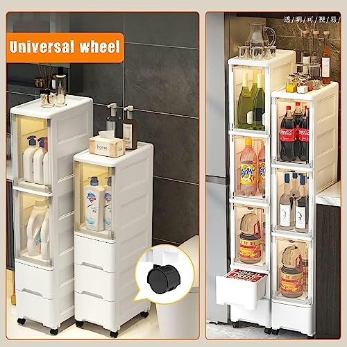 CIADAZ 3/4 Tier Rolling Storage Cart with Clear Drawers, Bathroom Floor Cabinet, Tall Bathroom Storage Cabinet Organizer Narrow Dresser Storage T