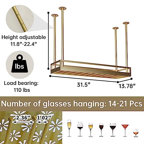 Industrial Bar Floating Shelf, 31.5" Ceiling Mounted Hanging Wine Bottle Holder, Gold Shelf, Wine Rack Wall Mounted, Champagne Glass Rack with Le