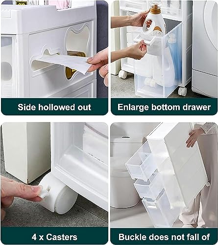 OPSREY Narrow Slim Bathroom Floor Cabinet, Skinny Toilet Paper Storage Cabinet with 4 Plastic Drawers and Casters Large Capacity Vertical Storage