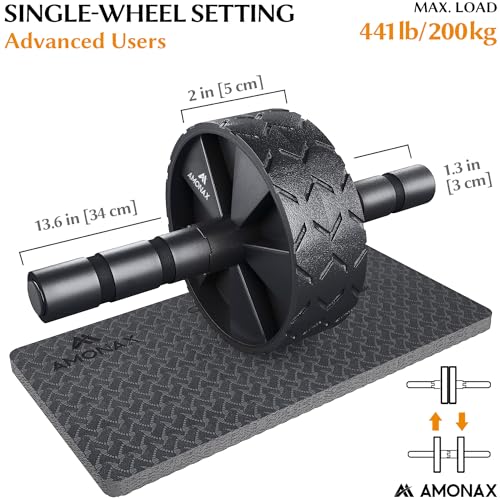 Amonax Convertible Ab Wheel Roller with Large Knee Mat for Core Abs Rollout Exercise. Double Wheel Set with Dual Fitness Strength Training Modes