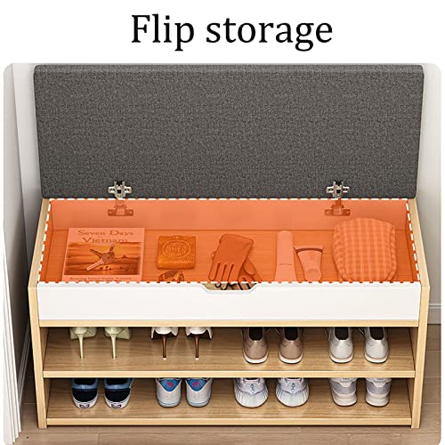Shoe Storage Bench, Entryway Bench with Flip Top Storage Space And Padded Cushion, 2 Tier Wooden Shoe Storage Cabinet, Shoe Rack for Entryway Liv