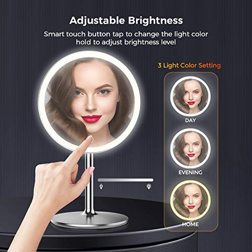 Kostlich Vanity Makeup Mirror with 3 Color Lights, 360 Degree Swivel LED Make Up Mirror with 10X Magnifying Mini Mirror, Cosmetic Mirror for Dres