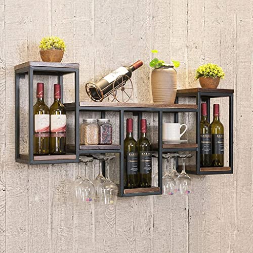 EMISOO Iron Wood Combined Wine Racks Wall Mount, Wall Unit Storage Organizer Shelf, Vintage Wine Bottle Holder Wine Goblet Stemware Holder for Ki