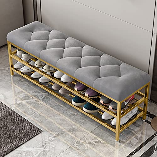 Metal Entrance Shoe Rack,Large Capacity Luxury Upholstered Shoe Storage Bench with Velvet Seat,Modern Shoe Bench for Hallway Accent Furniture-Gre