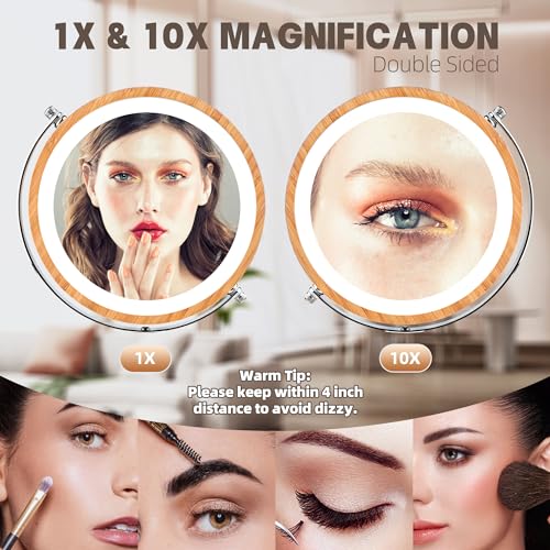 SLIMOON 8" Vanity Mirror with Lights and Bamboo Stand, 1X/10X Double Sided Magnifying Mirror with Light, 360° Rotation, 3 Colors Brightness Adjus