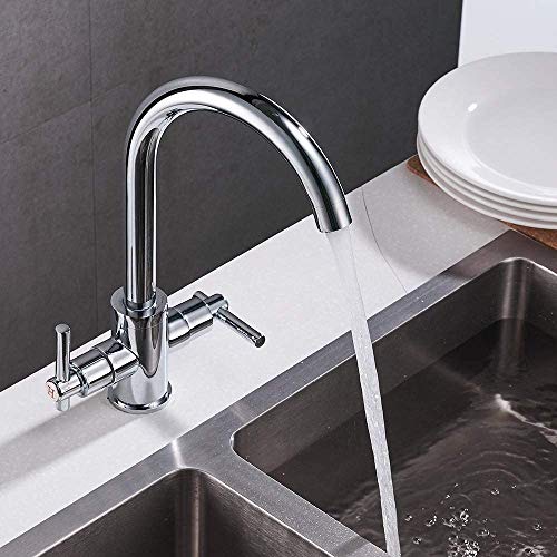 Heable Kitchen Mixer Tap Dual Lever Monobloc Swivel Spout Chrome Sink Taps Brass with UK Standard Fittings