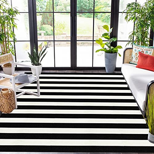 LEEVAN Outdoor Rug 5x7 Black and White Patio Rug, Washable Striped Door Mat Farmhouse Black Front Door Mat, Cotton Reversible Balcony Decor, Dura