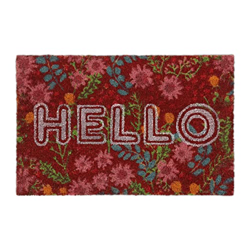 Relaxdays Doormat Coir HELLO Flowers, 40 x 60 cm, Door Mat Inside & Outside, Non-Slip Wiper, Rectangular, Colourful