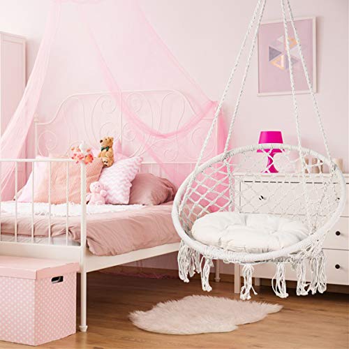 Display4top Beige Hammock Chair Macrame Swing,Hanging Cotton Rope Swing Chair,Comfortable Sturdy Hanging Chairs, With Round Seat Cushion for Indo