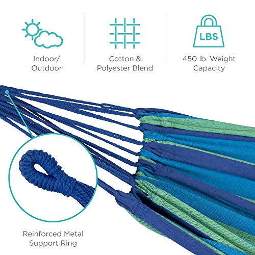 Best Choice Products 2-Person Indoor Outdoor Brazilian-Style Cotton Double Hammock Bed w/Portable Carrying Bag - Blue