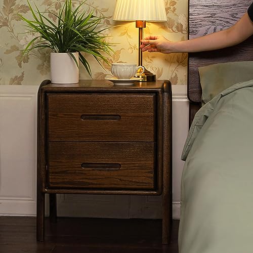 OOKSEN Nightstand, Mid Century Modern Nightstand, Solid Wood Bedside Table with 2 Drawer, Small Night Stand for Bedroom Living Room, Walnut