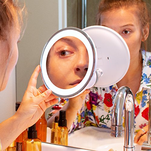 Navaris LED Magnifying Makeup Mirror - Cosmetics Mirror with Suction Cup, 7x Magnification, 360 Degree Swivel - Travel Bathroom Vanity Mirror - W
