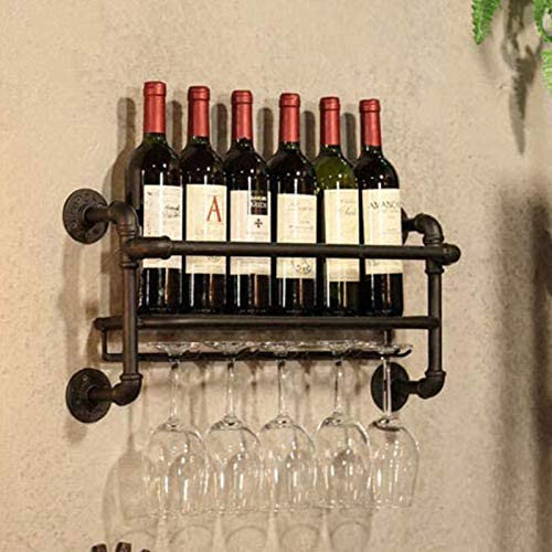 Industrial Wall Mounted Wine Rack-6 Bottle Metal Storage Holder-with 5 Stem Glass Holder -23inch