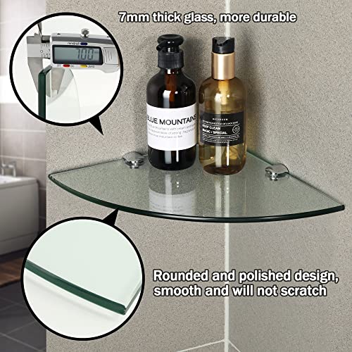 SAYAYO 250MM (7MM Thick) Bathroom Glass Corner Shelf  Glass Shelf Wall Mounted Tempered Transparent Glass with Chromed Shelf Brackets, EGBL1012S-